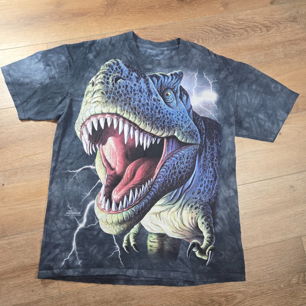 The Mountain Lightning T Rex Dinosaur T Shirt Mens L Black Acid Wash Graphic 90s